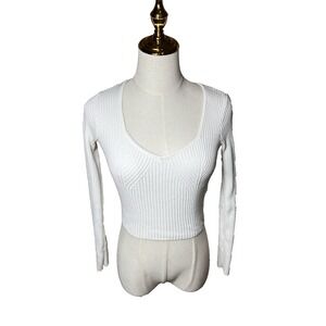 Hollister Top Womens White V-Neck Long Sleeve Ribbed Knit Shirt Women's Size XS